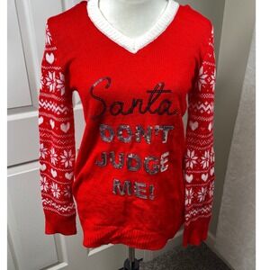No Boundaries Women Size 7/9 Ugly Christmas Sweater Hooded Santa Don't Judge‎ Me